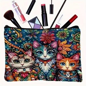 Cat Art Zipper Pouch Bohemian Print Lightweight Multifunctional Makeup Travel